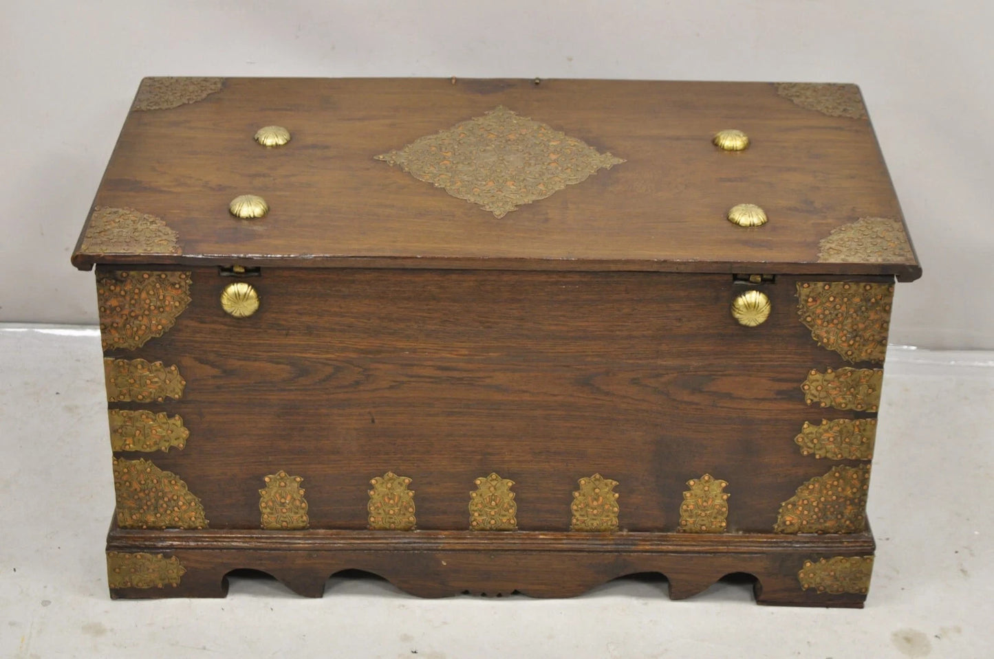 Antique Anglo Indian Oak Wood & Brass Mounted Syrian Coffer Blanket Chest Trunk