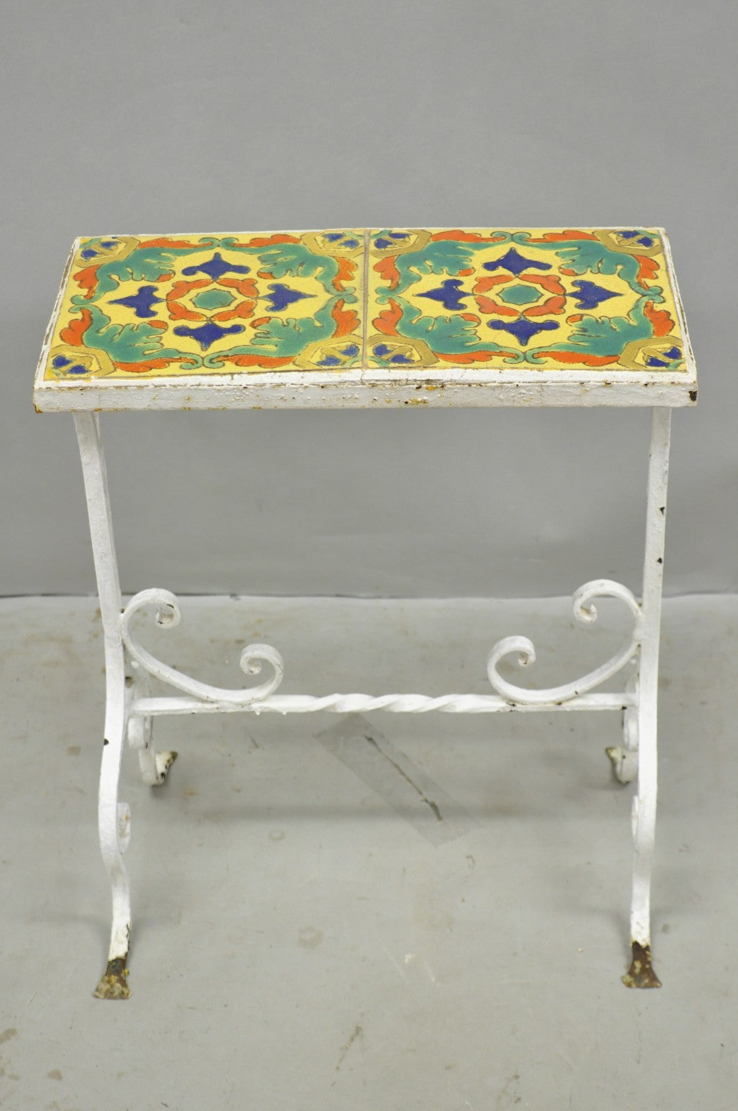 Antique Arts & Crafts Wrought Iron Side Table w/ Catalina California Tile Top