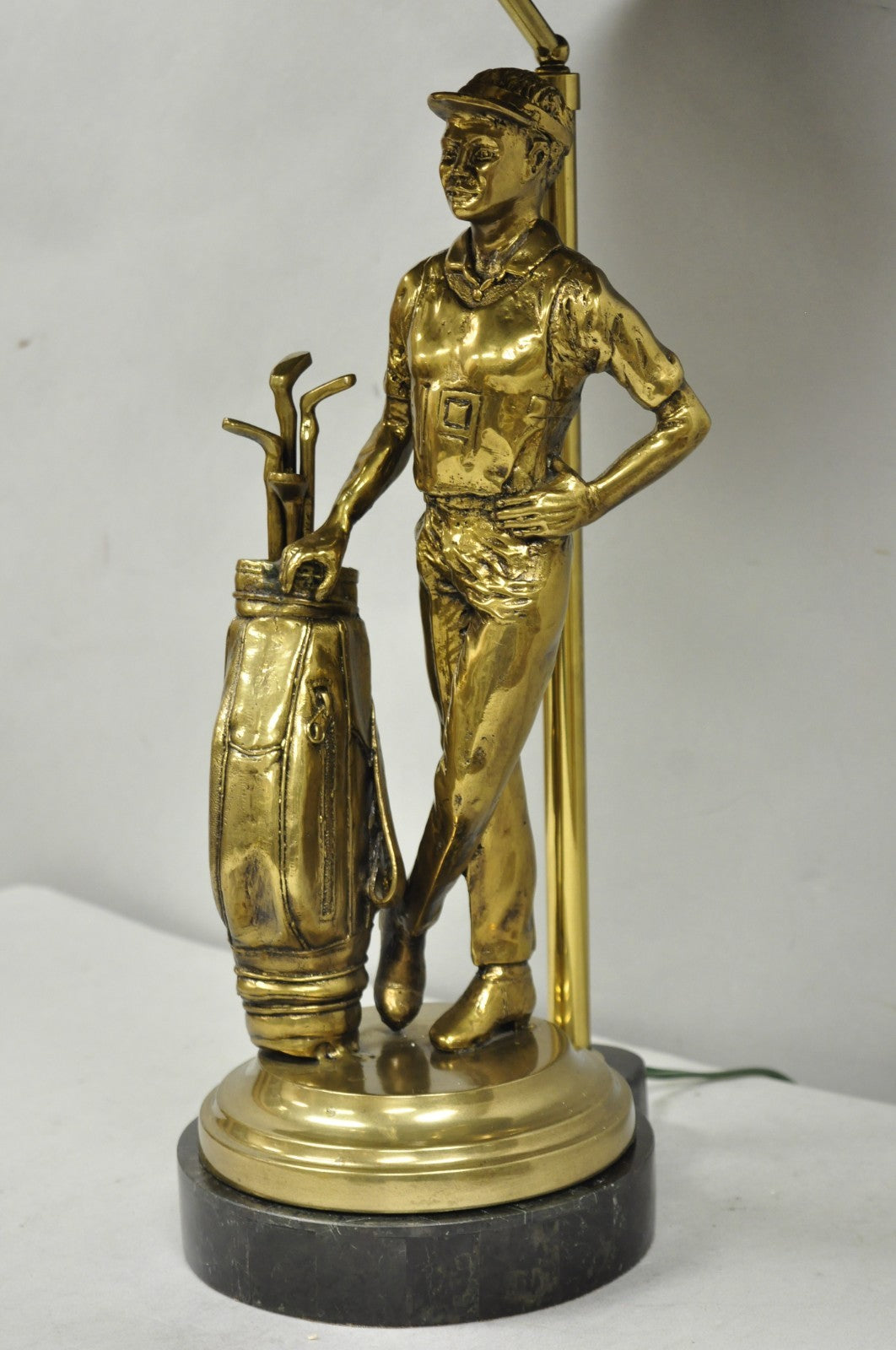 Vintage Maitland Smith Bronze Figure Golfer Sculpture Table Lamp w Leather Shade