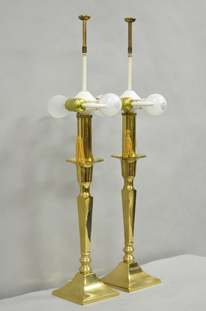 Hollywood Regency Tommi Parzinger Style Brass Candlestick Table Lamp Pair