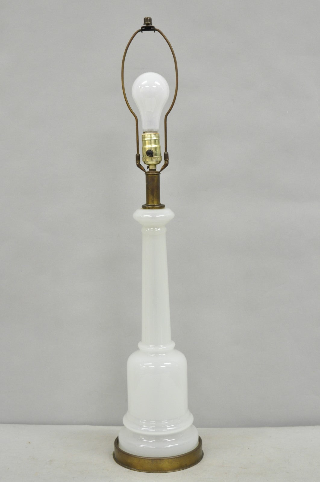 Vintage French Neoclassical White Opaline Glass Column Brass Mounted Table Lamp