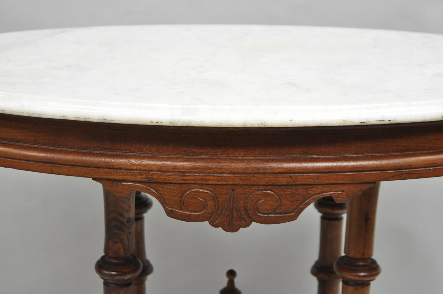 Antique Eastlake Victorian Carved Walnut Pedestal Base Marble Top Parlor Table