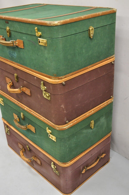 Vintage T. Anthony Art Deco Leather & Canvas Green Brown Hard Luggage - 4 Pc Set