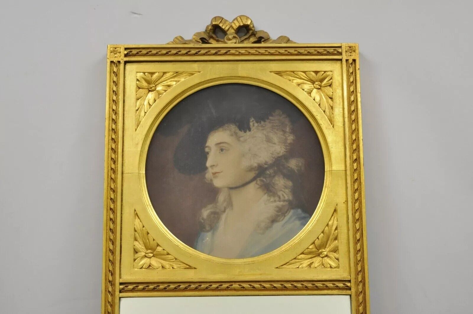 Antique French Louis XV Style Gold Gilt Wood Trumeau Mirror with Portrait Print