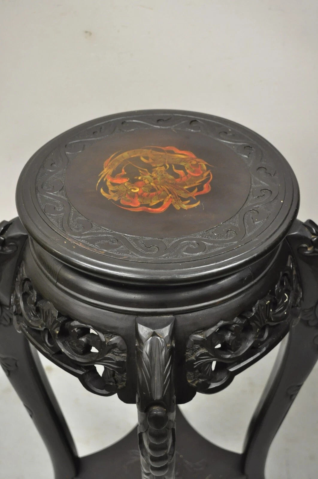 Japanese Carved Wood Black Ebonized 28" Plant Stand Lacquer Top Side Table
