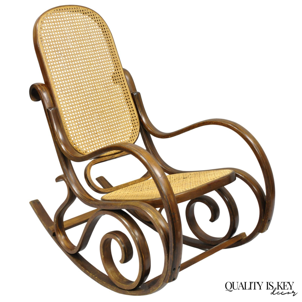 Vintage Mid Century Modern Thonet Style Bentwood & Cane Rocker Rocking Chair (C)