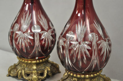 Antique Bohemian Cranberry Ruby Red Cut to Clear Glass Table Lamps - a Pair