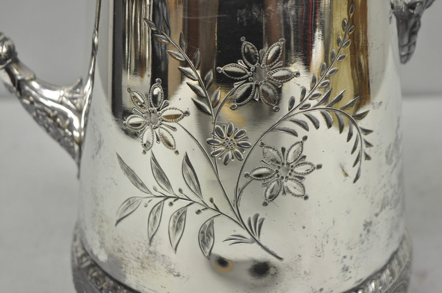 Antique Meriden Victorian Lrg Silver Plated Floral Etched Pitcher, Engraved 1892