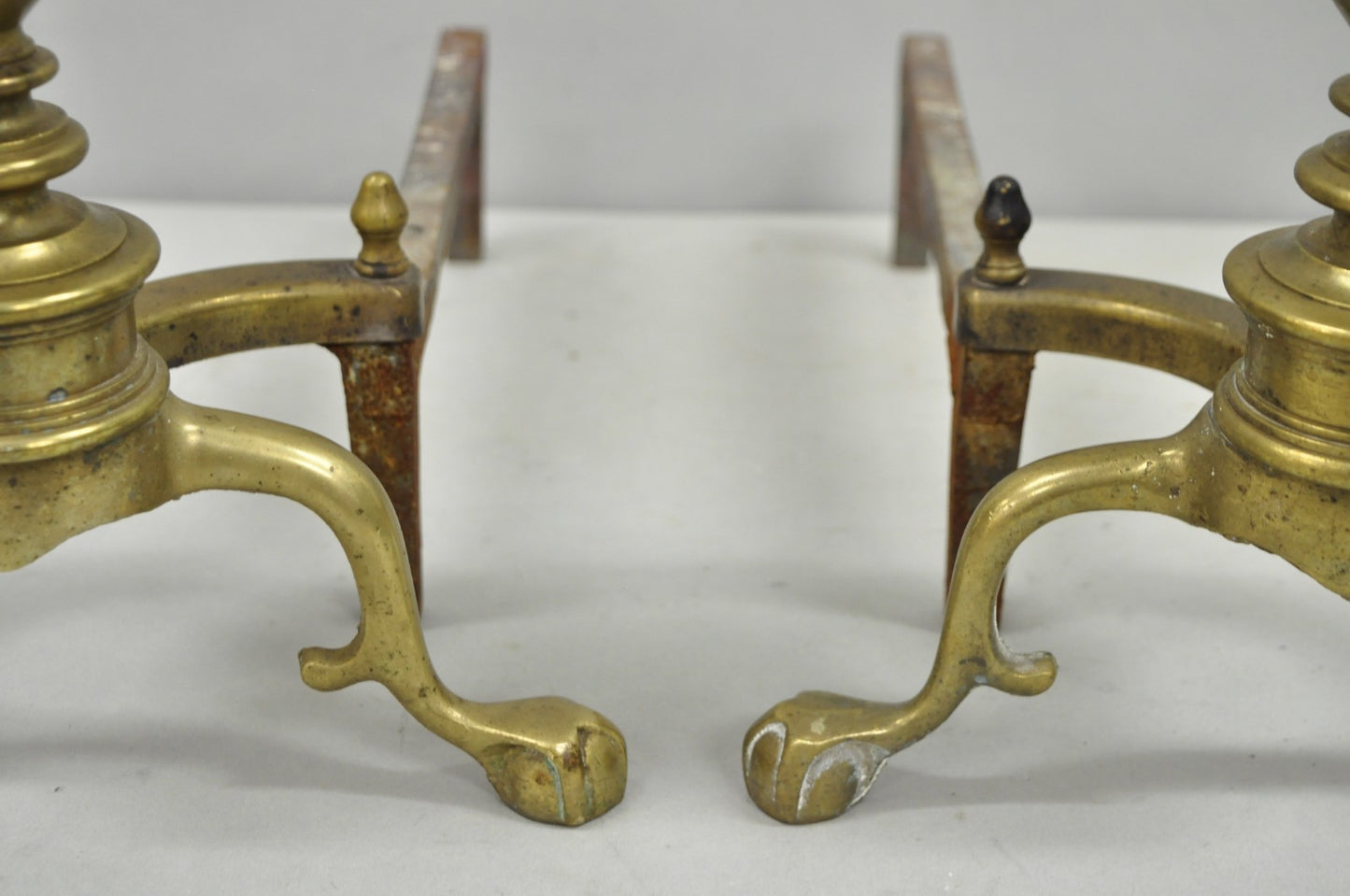Antique English Victorian Brass Cannonball Ball and Claw Fireplace Andirons Pair