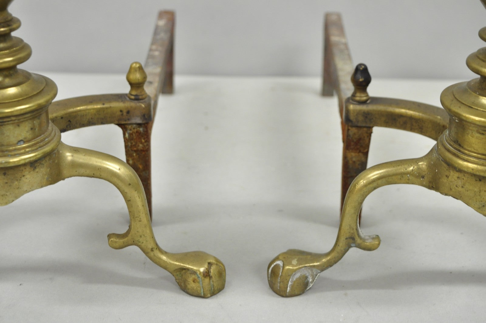Antique English Victorian Brass Cannonball Ball and Claw Fireplace Andirons Pair
