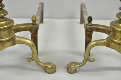 Antique English Victorian Brass Cannonball Ball and Claw Fireplace Andirons Pair