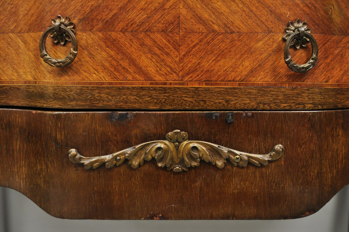Antique French Louis XV Marquetry Inlay Marble Top Bombe Nightstand Side Table