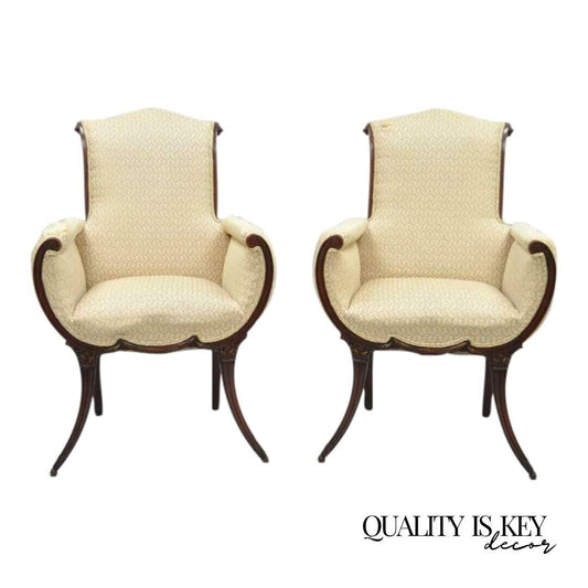 Vintage Hollywood Regency French Style Mahogany Saber Leg Lounge Chairs - a Pair