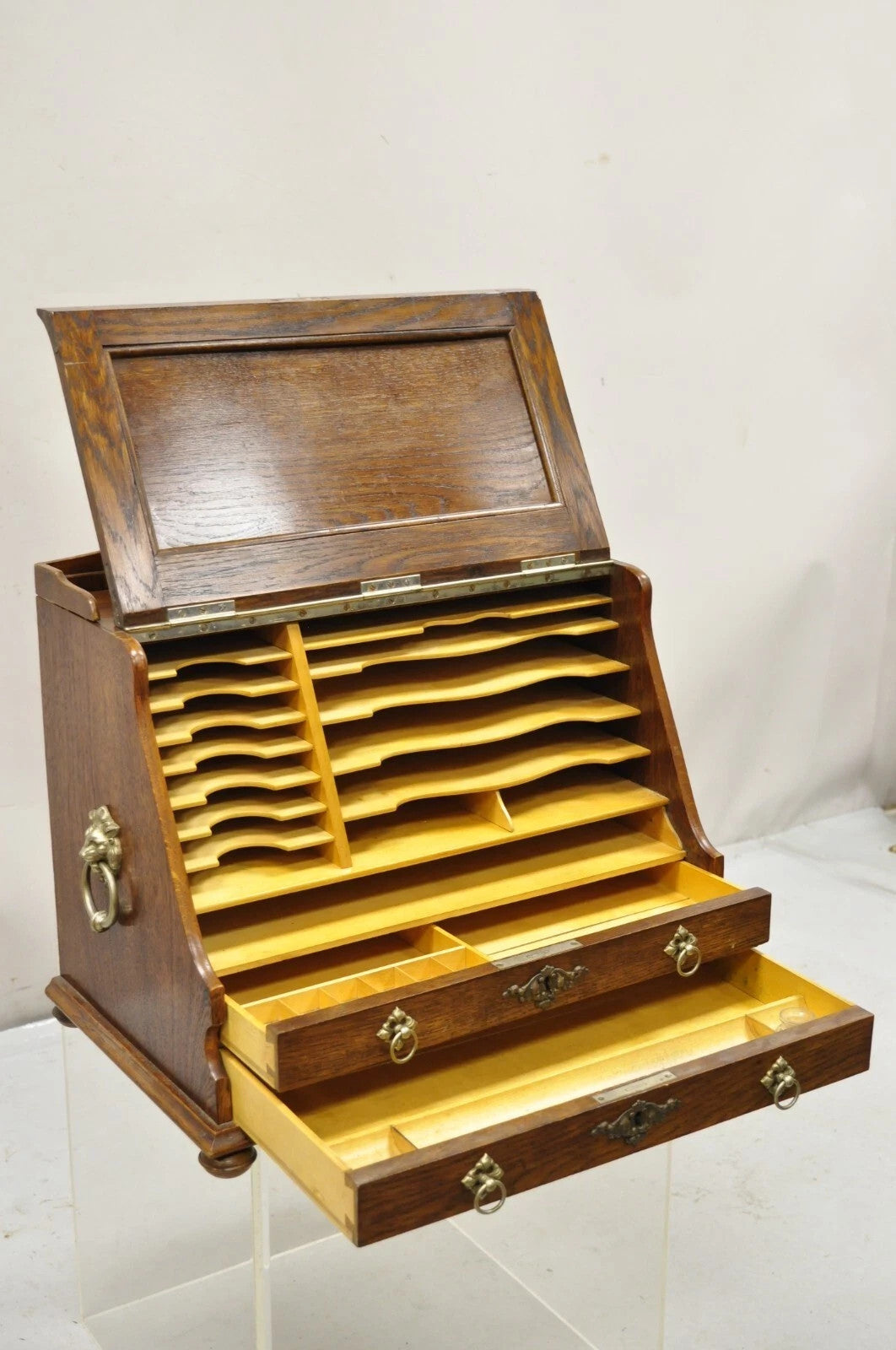 Antique English Victorian Oak Wood Desktop Portable Lap Desk Letter Holder