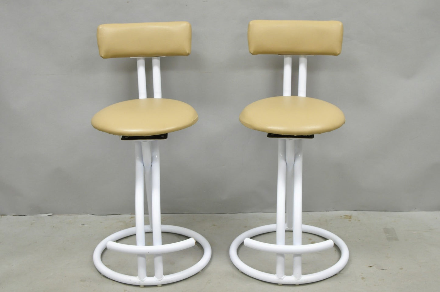 Vintage Postmodern Memphis Style White Tubular Metal Swivel Bar Stools  - a Pair