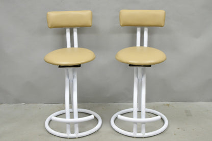 Vintage Postmodern Memphis Style White Tubular Metal Swivel Bar Stools  - a Pair