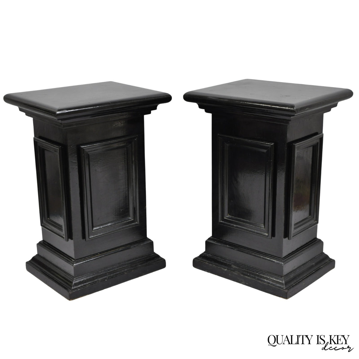 Vintage French Empire Style Black Lacquer Painted Pedestal Column End Table Pair