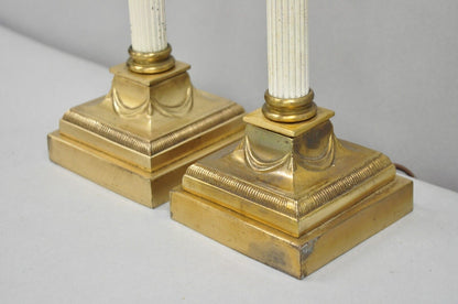 French Empire Neoclassical Small Thin Brass Candlestick Column Table Lamp a Pair