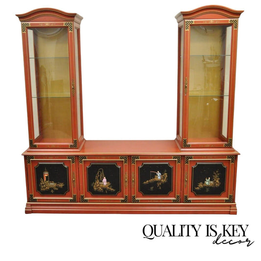 Vintage Jasper Oriental Chinoiserie Red Display China Cabinet Curio Credenza