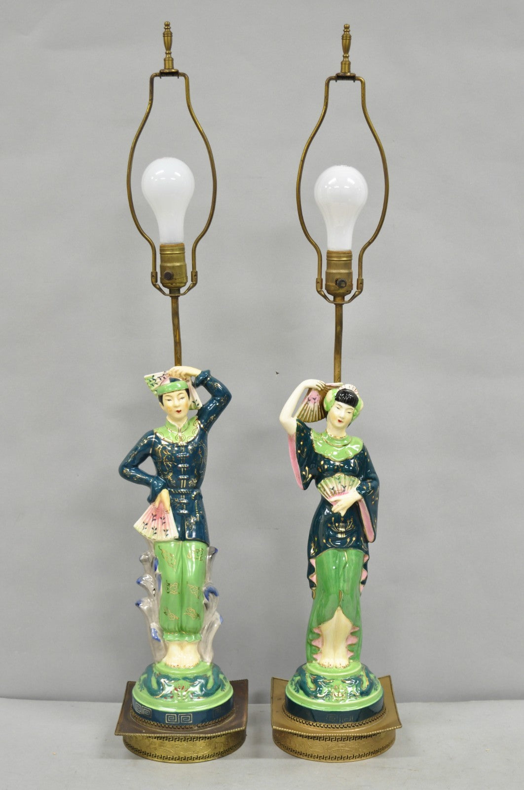 Vintage Art Deco Japanese Figural Green Porcelain Man & Women Table Lamps - Pair