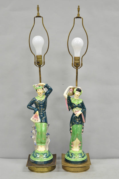 Vintage Art Deco Japanese Figural Green Porcelain Man & Women Table Lamps - Pair