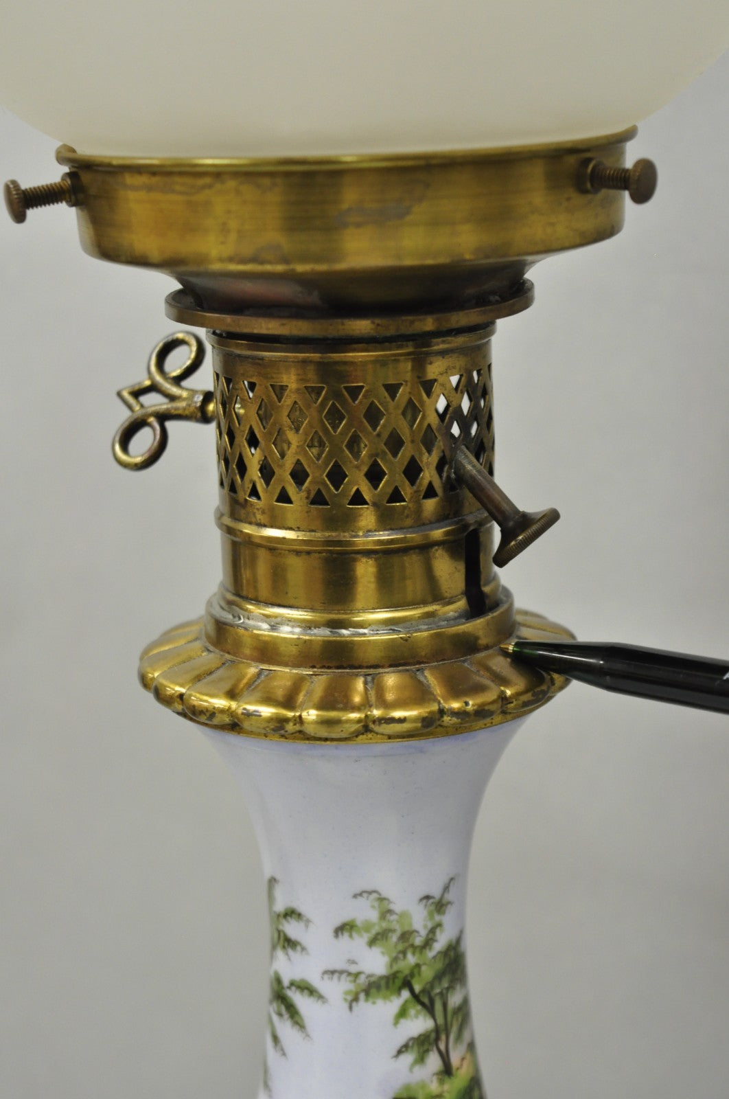 Antique French Napolean III Hand Painted Porcelain Oil Lamp Table Lamps - a Pair