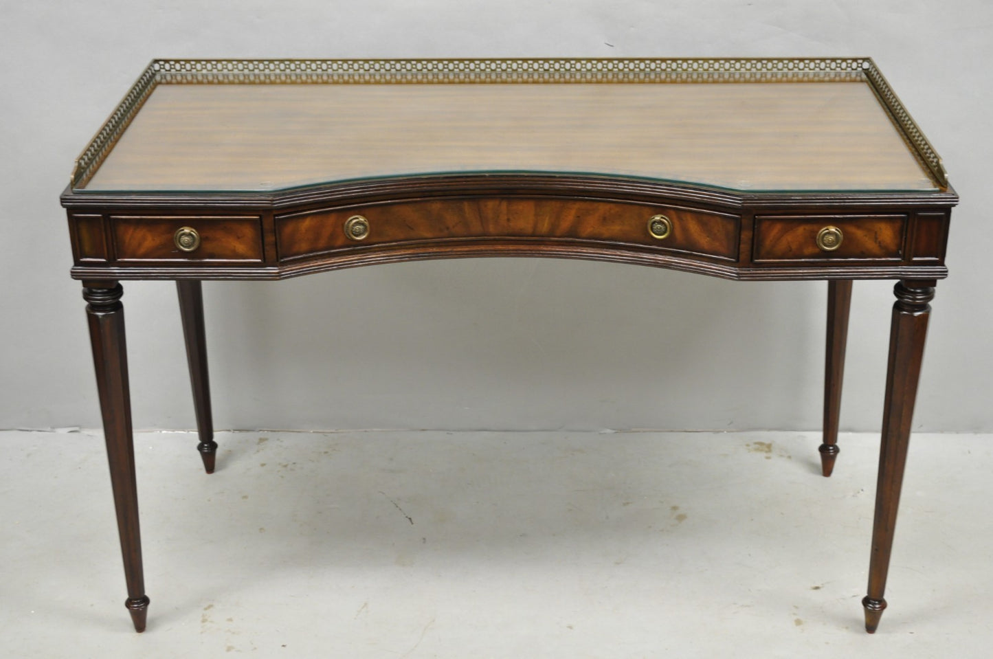Maitland Smith Mahogany Regency Style 3 Drawer Writing Desk w/ Brass Gallery