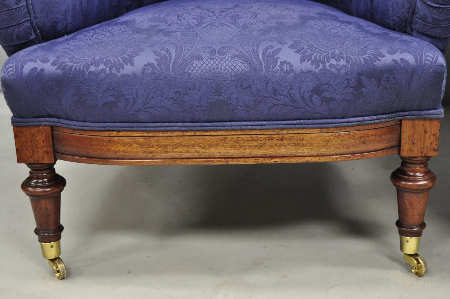 Vintage English Napoleon III Style Blue Button Tufted Fan Back Club Chairs, Pair