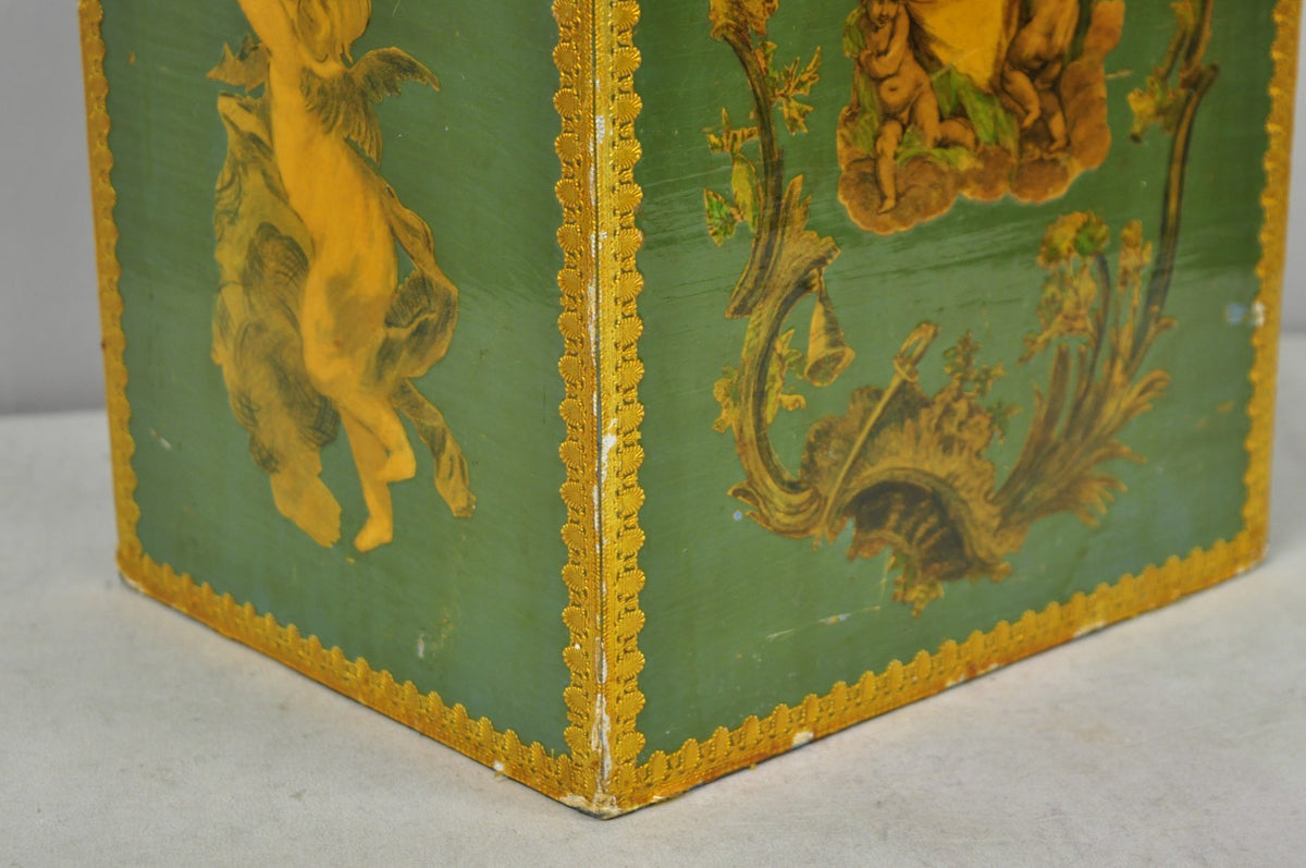 Vintage Italian Venetian Decoupage Green Gold Papier Mache Wastebasket Trash Can