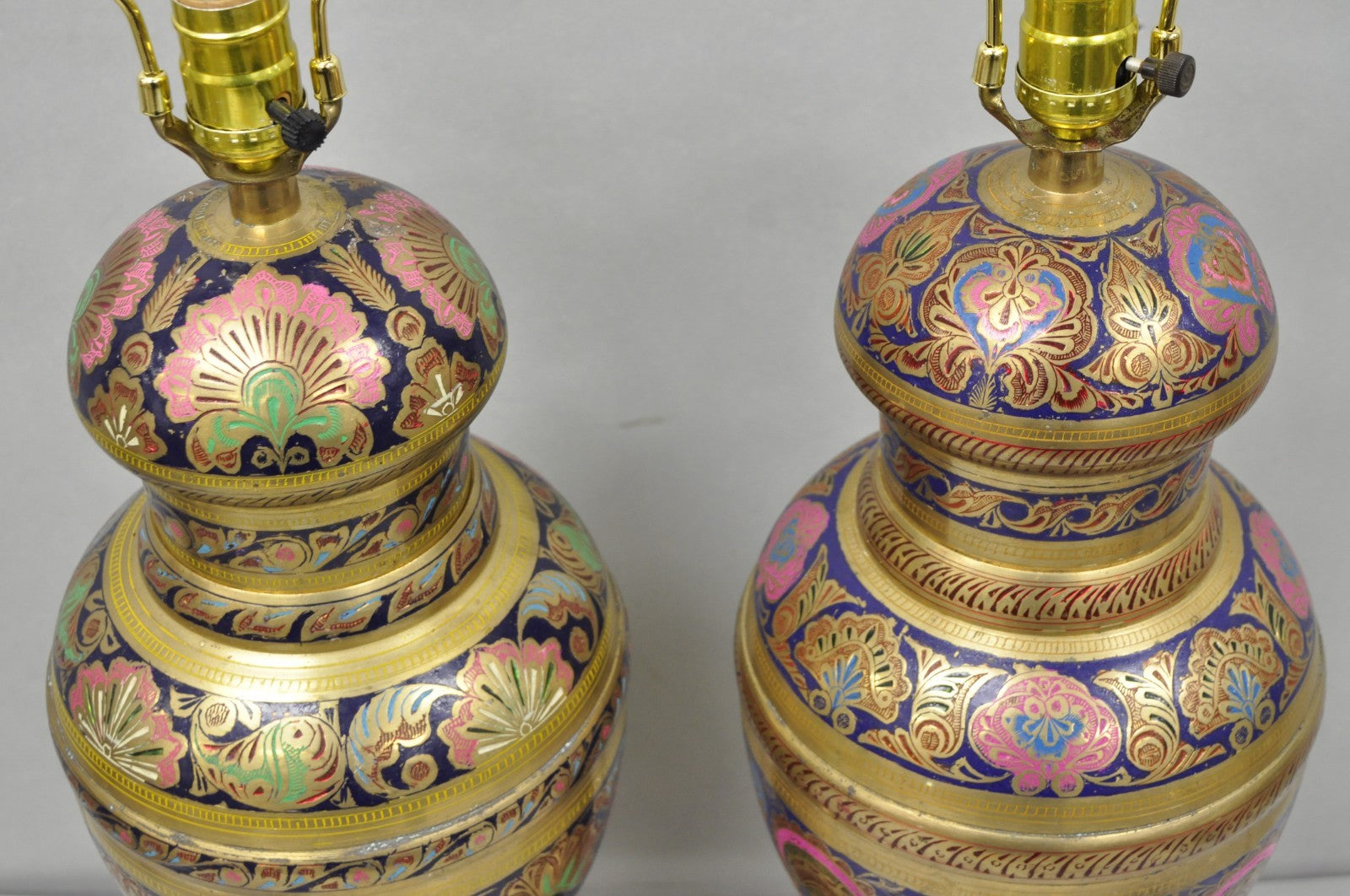 Vintage Brass & Cloisonné Enamel Pink & Blue Jardiniere Urn Table Lamps - Pair