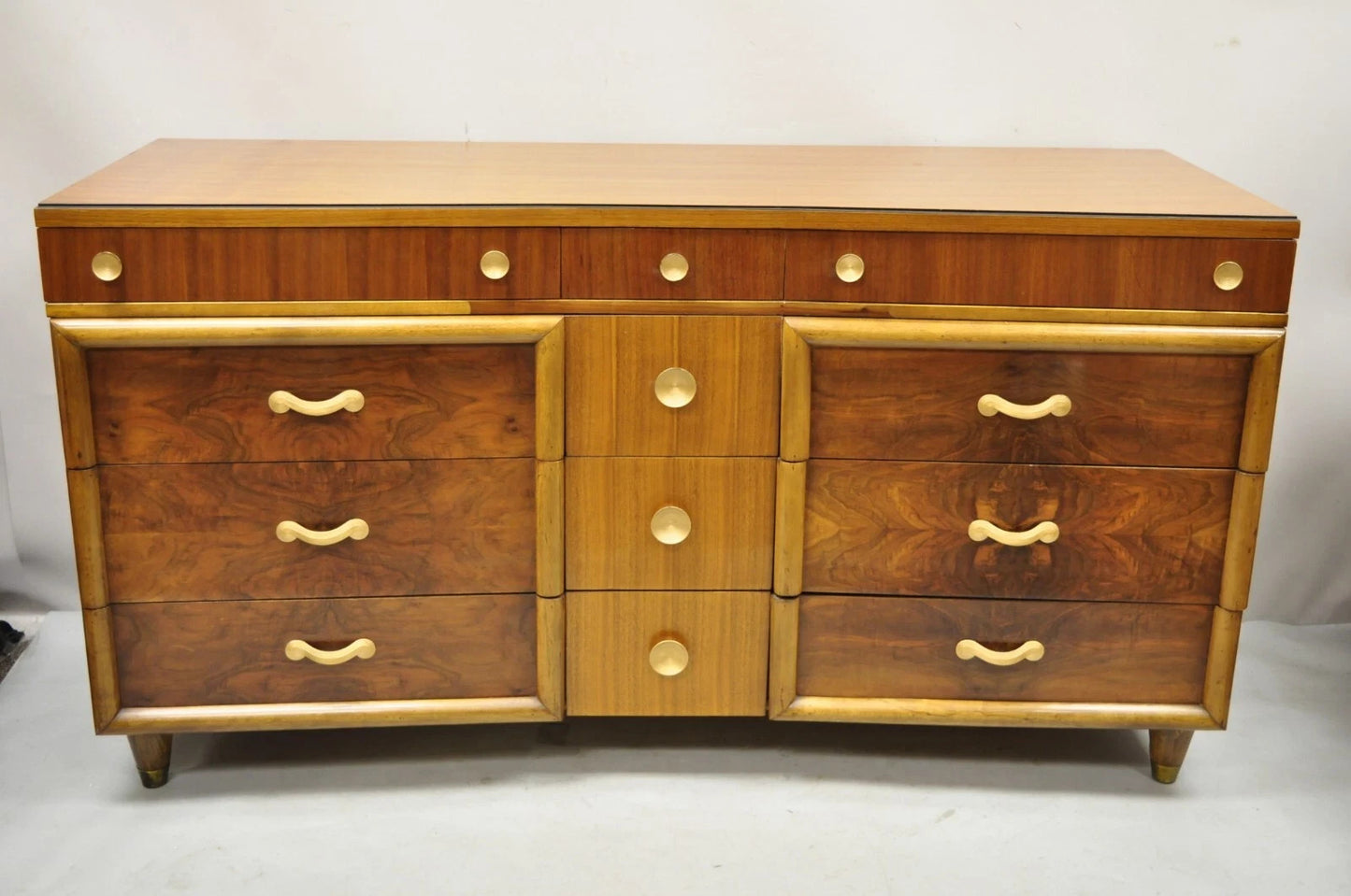 Mid Century Modern Art Deco Walnut Long Dresser Credenza w Mirror by Joerns Bros