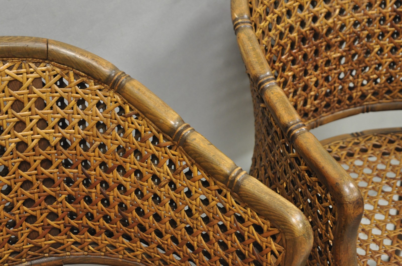 Vintage Hollywood Regency Faux Bamboo Wood & Cane Barrel Back Lounge Chair, Pair