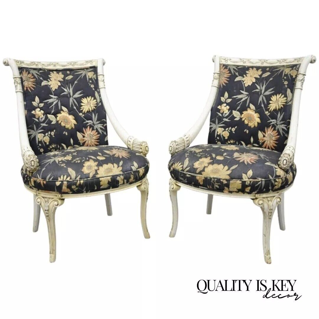 Vintage French Hollywood Regency Style Carved Cornucopia White Chairs - a Pair