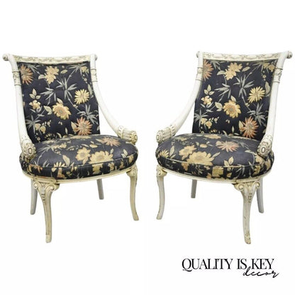 Vintage French Hollywood Regency Style Carved Cornucopia White Chairs - a Pair