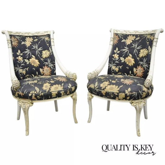 Vintage French Hollywood Regency Style Carved Cornucopia White Chairs - a Pair
