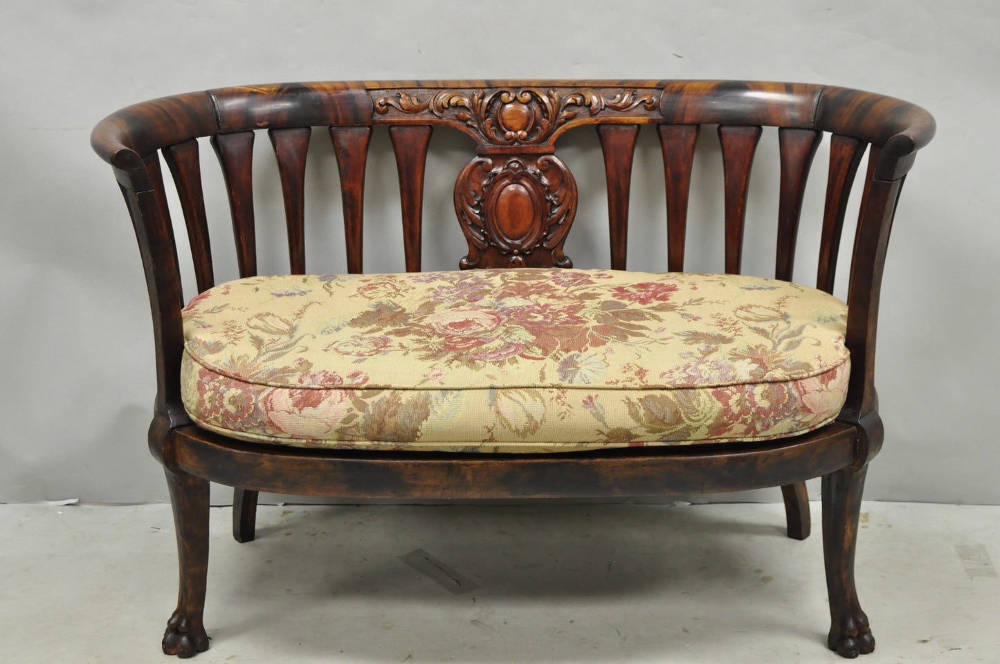 Antique Victorian Carved Mahogany Paw Foot Barrel Back Settee Loveseat Sofa