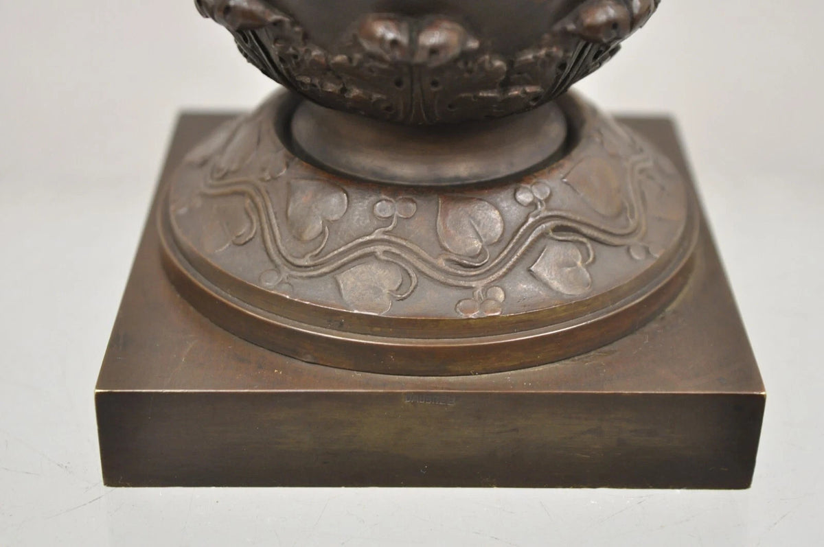 19th C Alfred Daubree French Neoclassical Bronze Figural Urn Vase with Lions