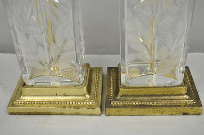 Vintage Dresden Victorian Cut Crystal Glass Flower Brass Table Lamps - a Pair