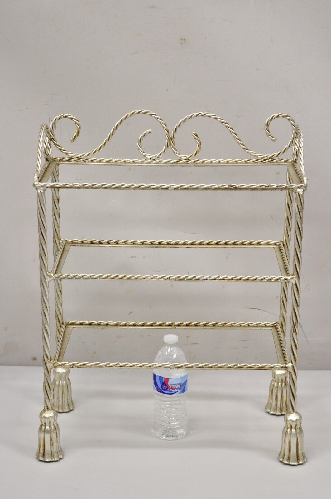 Italian Hollywood Regency Silver Leaf Gilt Iron 3 Tier Shelf Small Display Stand