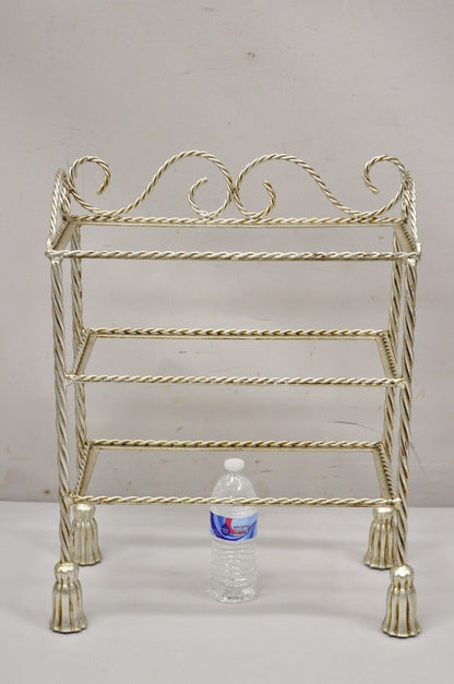 Italian Hollywood Regency Silver Leaf Gilt Iron 3 Tier Shelf Small Display Stand