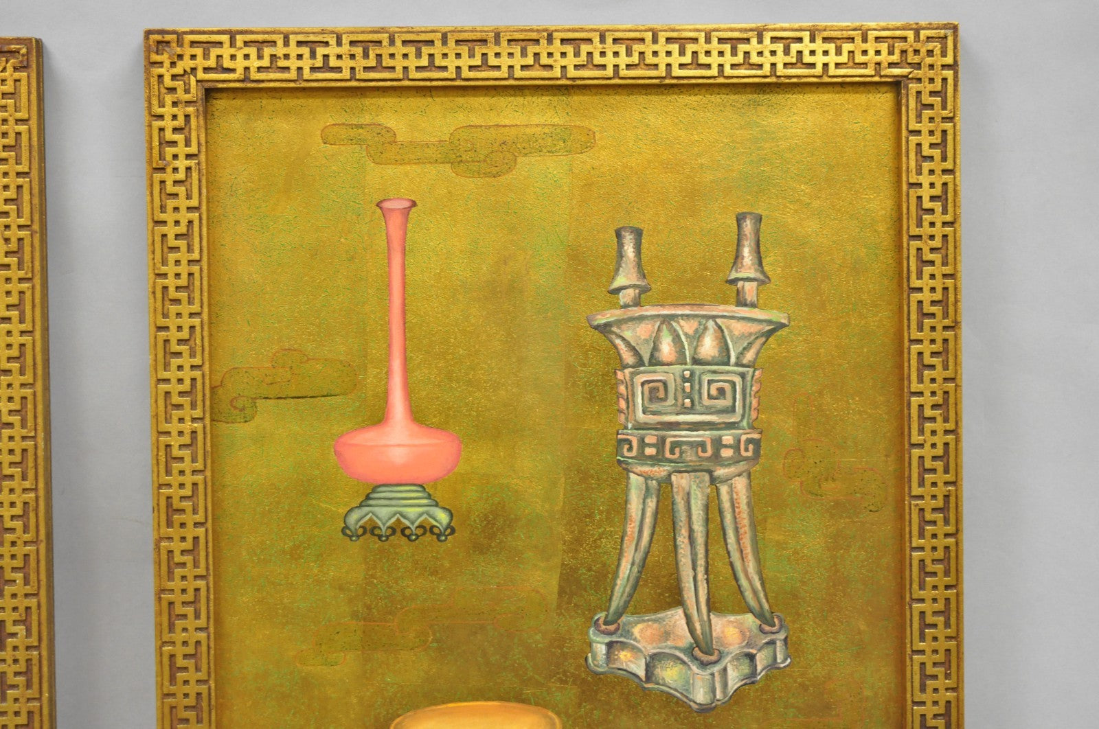 Vintage Chinoiserie Gold Hand Painted Chinese Vase Wall Panel Plaque - a Pair