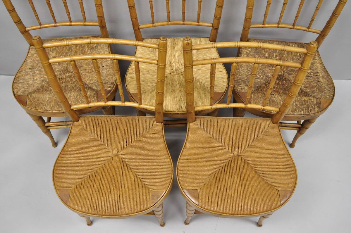 Antique English Regency Faux Bamboo Rush Seat Wooden Dining Chairs - Set of 6