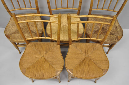 Antique English Regency Faux Bamboo Rush Seat Wooden Dining Chairs - Set of 6