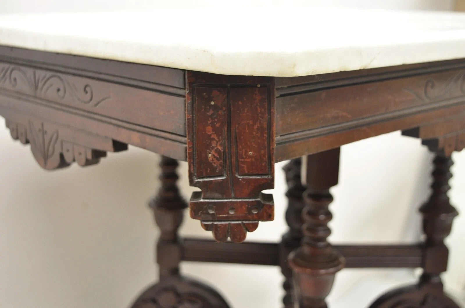 Antique Eastlake Victorian Floral Carved Walnut Marble Top Parlor Side Table