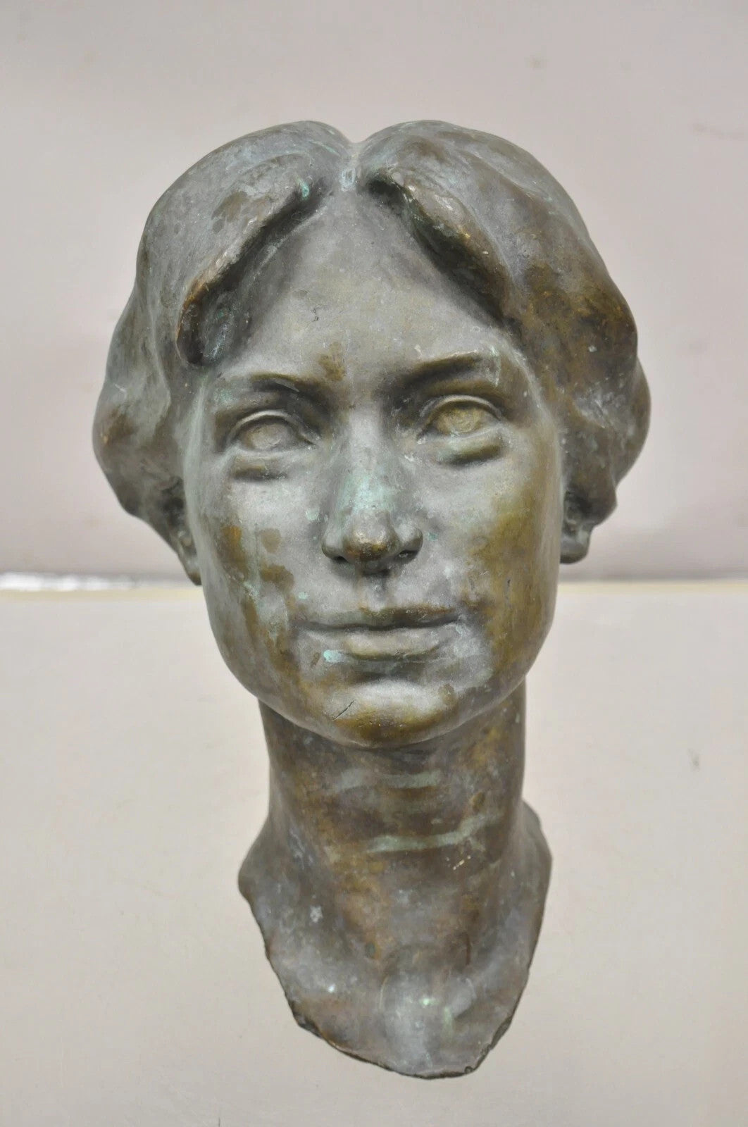 Vintage Patinated Cast Bronze Bust Statue Sculpture of Woman with Pinned Hair