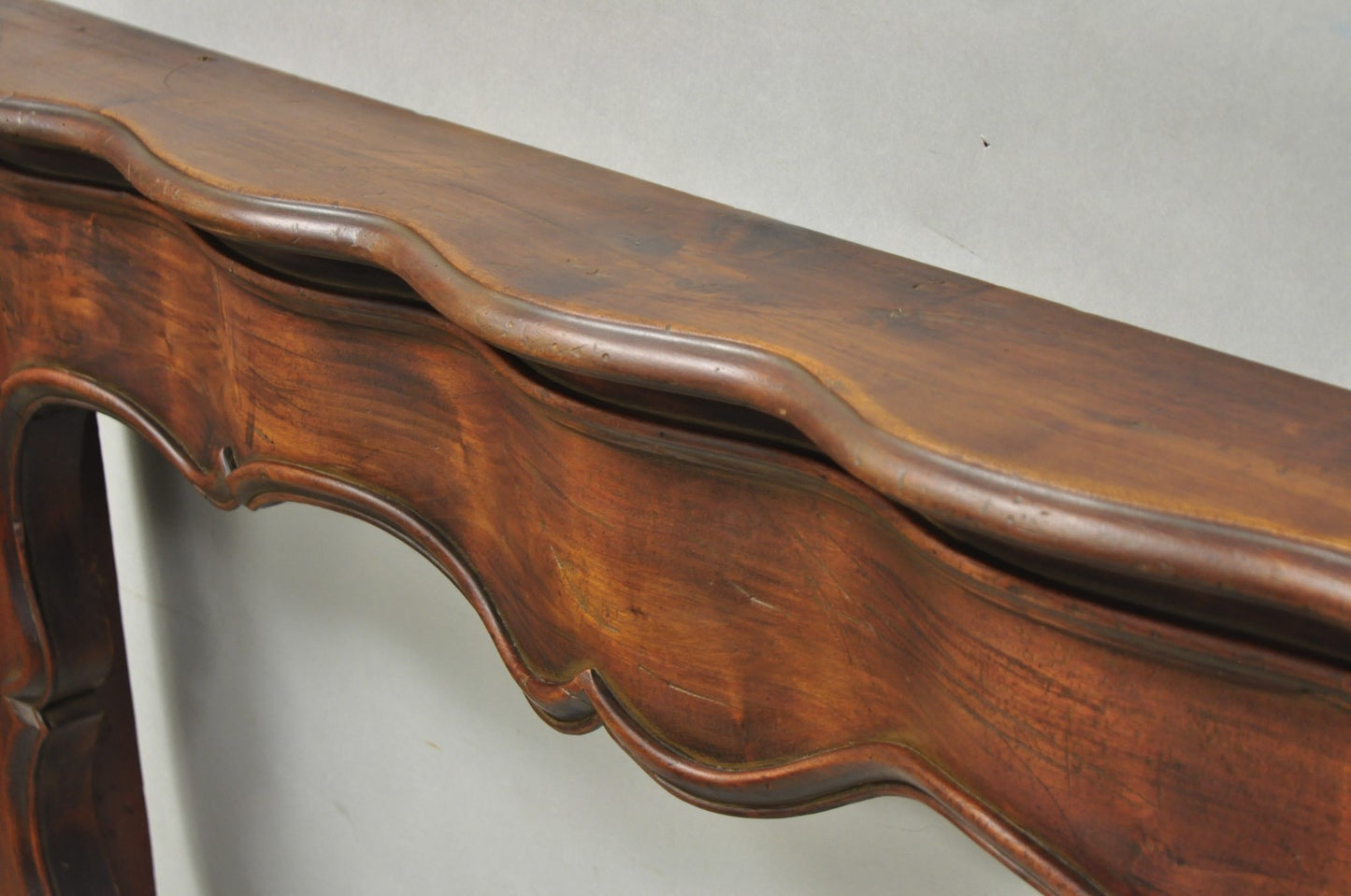 Antique Italian Provincial Carved Serpentine Scalloped Walnut Fireplace Mantel