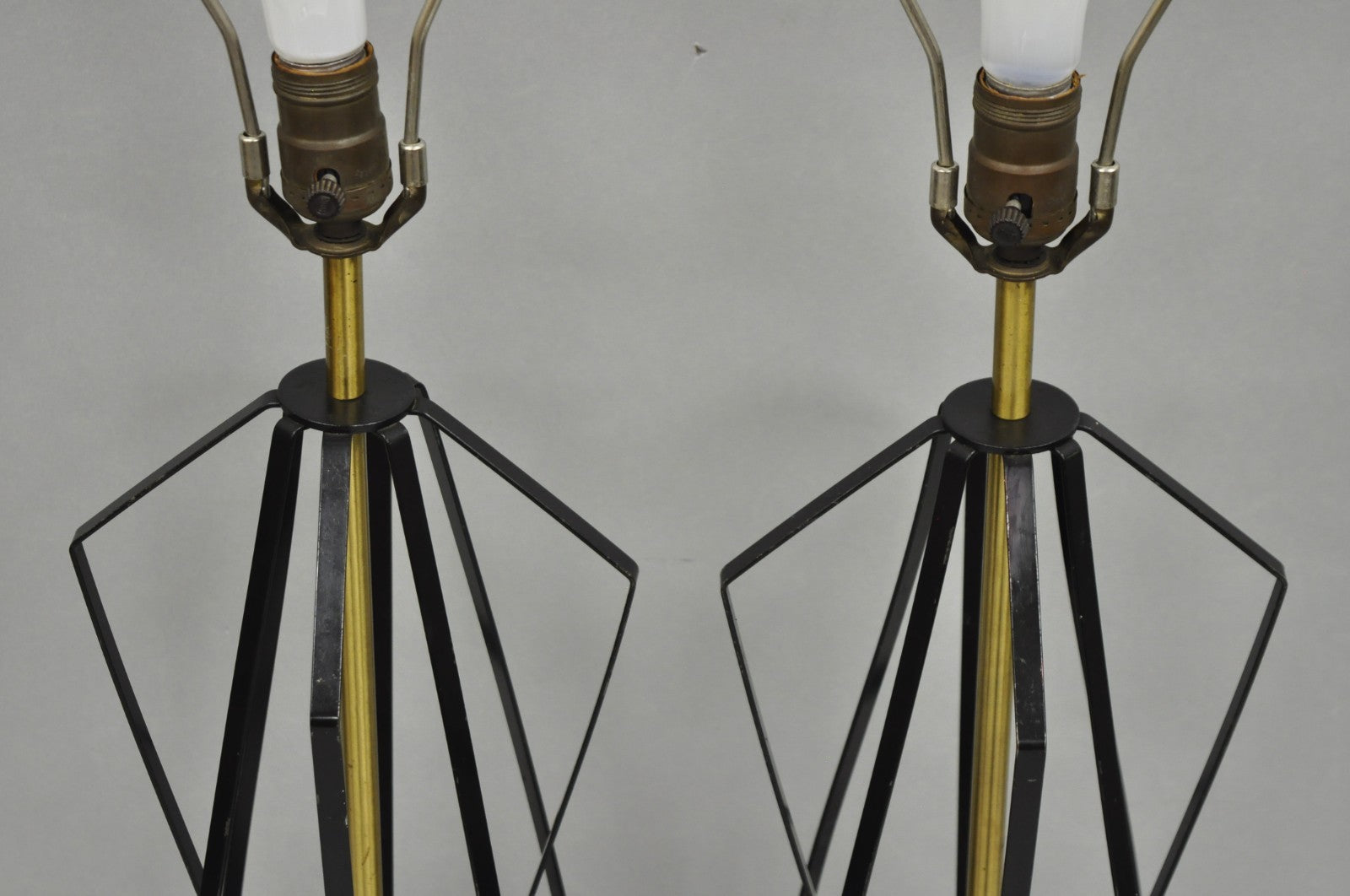 Vintage Mid Century Modern Black Metal & Brass Geometric Helix Table Lamps Pair