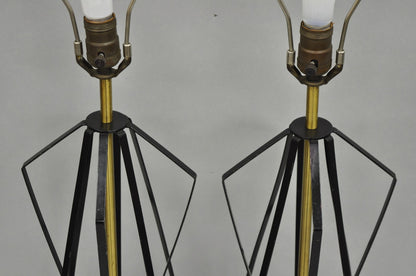 Vintage Mid Century Modern Black Metal & Brass Geometric Helix Table Lamps Pair