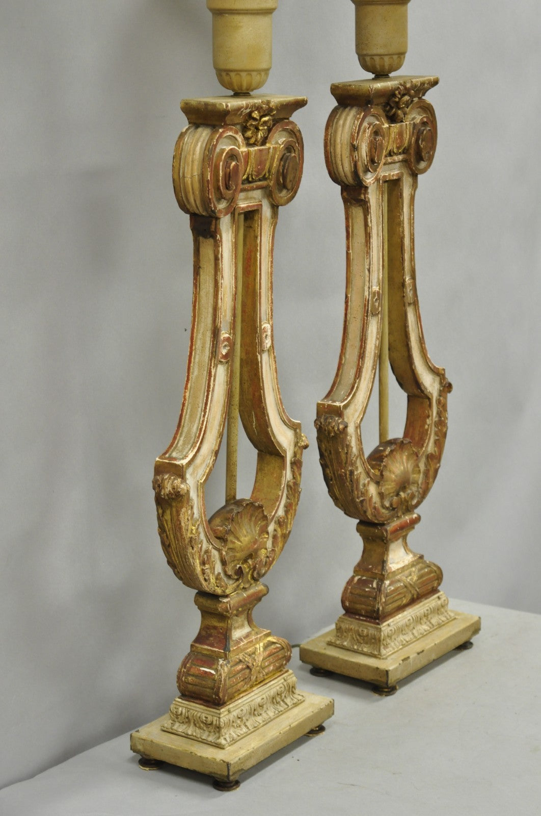 Italian Neoclassical Cream & Gold Gilt Carved Wood Harp Column Table Lamp - Pair