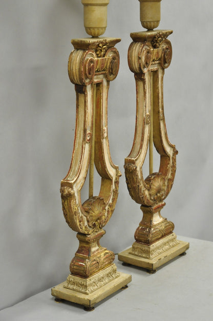 Italian Neoclassical Cream & Gold Gilt Carved Wood Harp Column Table Lamp - Pair